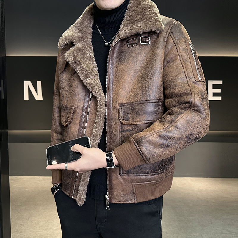 加绒皮衣男夹克时尚休闲潮流保暖痞帅2025新款冬季高级翻领外套男