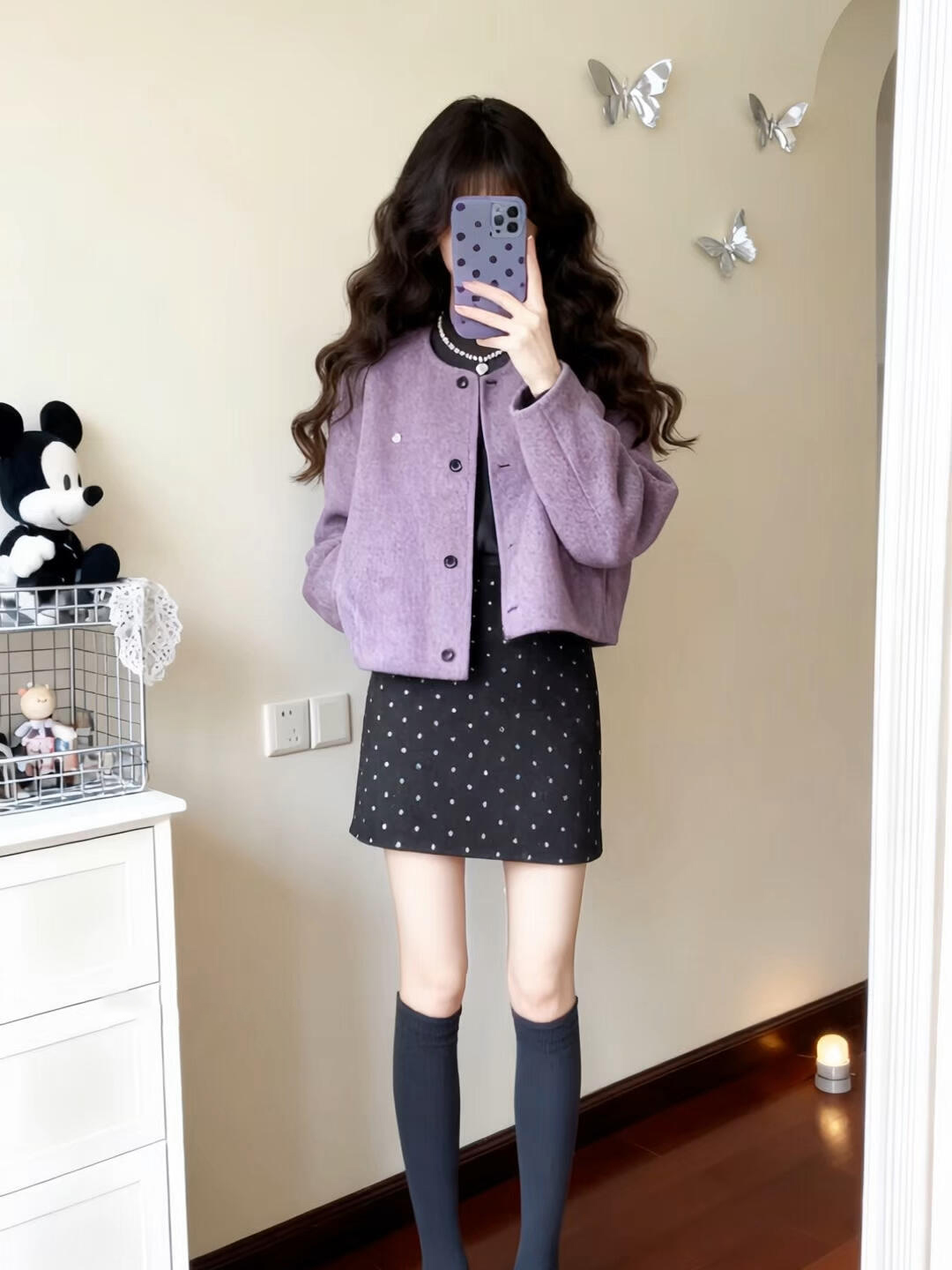 独特漂亮冬装一整套小香风套装女紫色毛呢外套波点半身裙两件套装