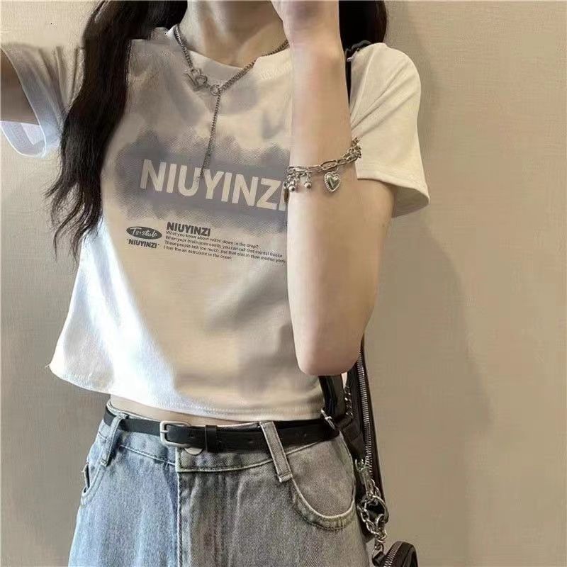 正肩日系复古ins设计感小众显瘦白色短袖T恤潮夏季百搭短款上衣女