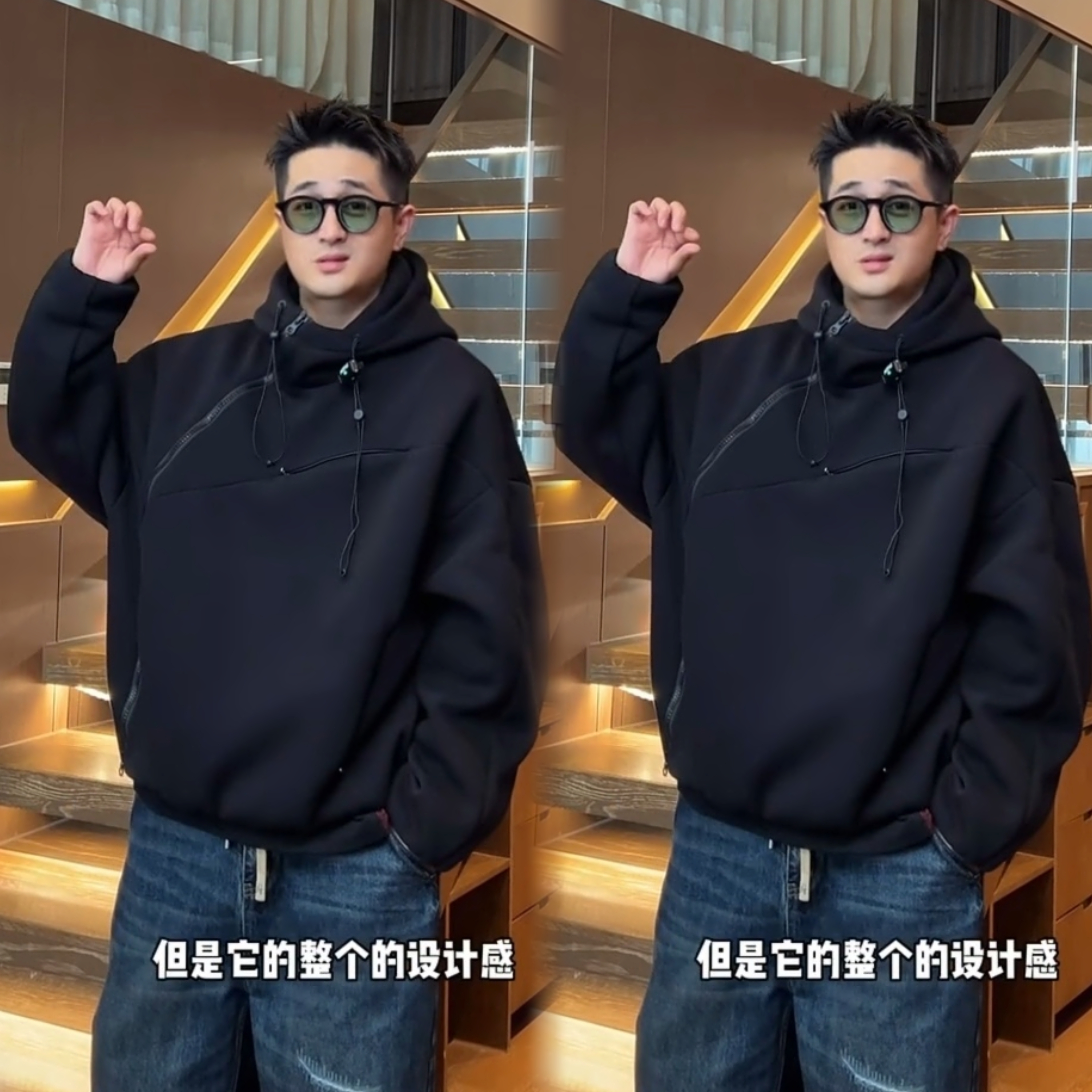 美式街头简约斜拉链设计款拉链口袋秋季男士重磅连帽长袖卫衣外套