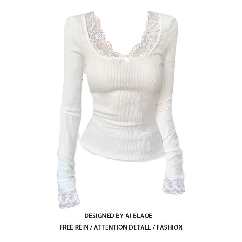 白色蕾丝拼接长袖T恤女春秋冬2025新款修身设计感内搭打底衫上衣