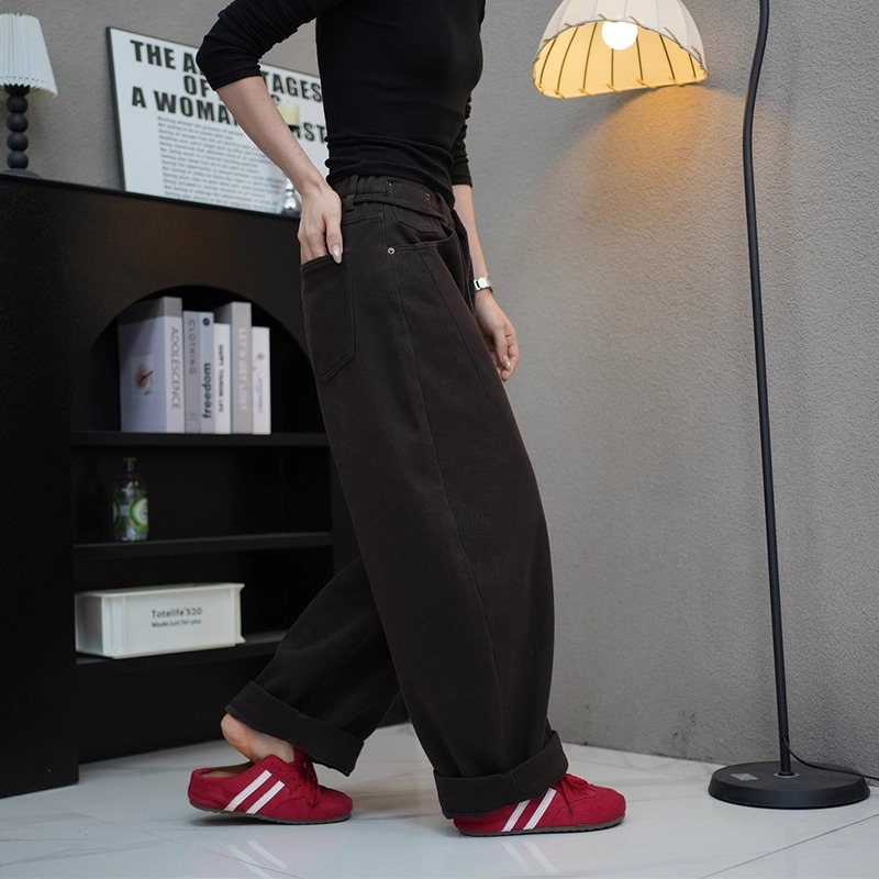 加绒弯刀牛仔裤女2025秋冬新款大码胖mm显瘦梨形身材高腰宽松长裤