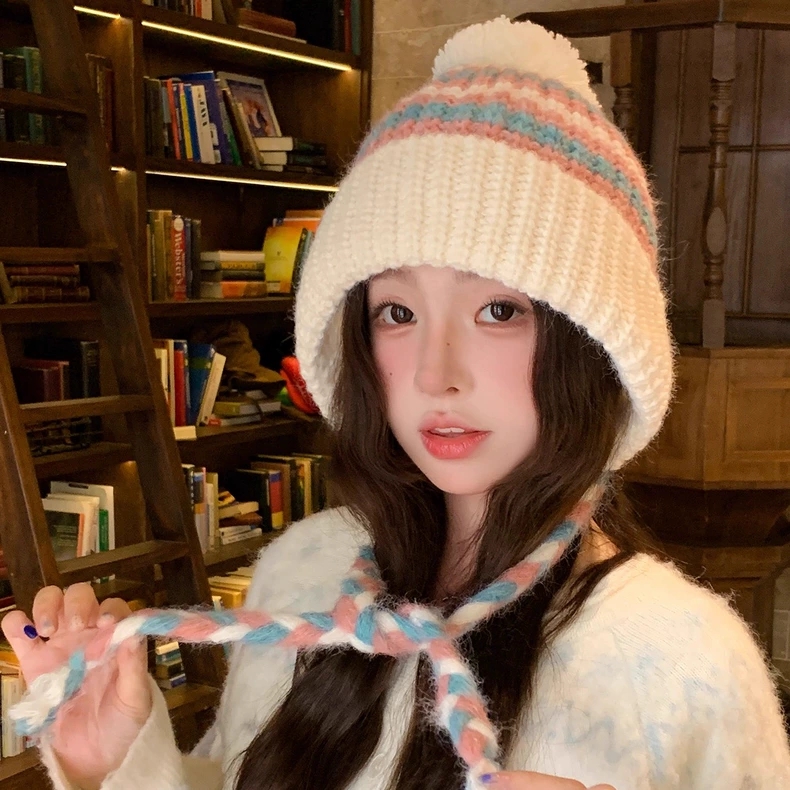 毛球费尔岛风条纹针织帽女秋冬大头围保暖护耳毛线帽包头雷锋帽子