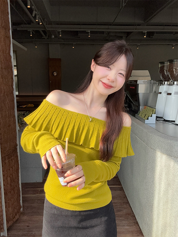 【海岛假日】设计感一字肩荷叶边针织衫休闲绝美修身长袖上衣G9-52