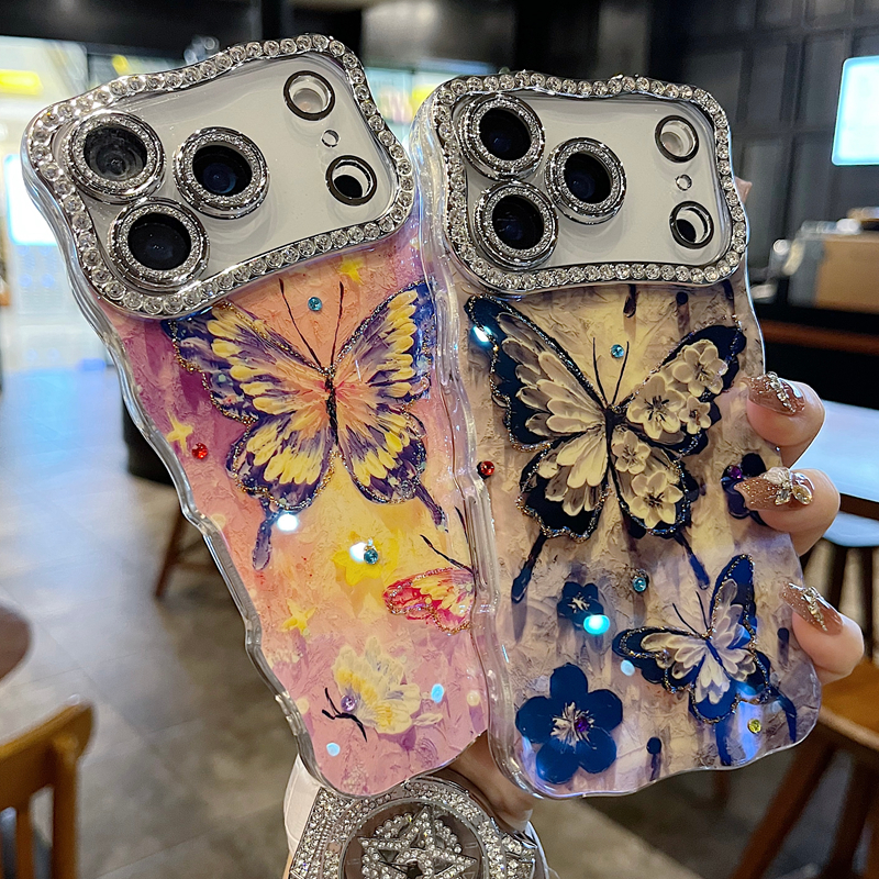 适用苹果系列iPhone17新款手机壳小众黑色蝴蝶全包满钻精孔镜头框