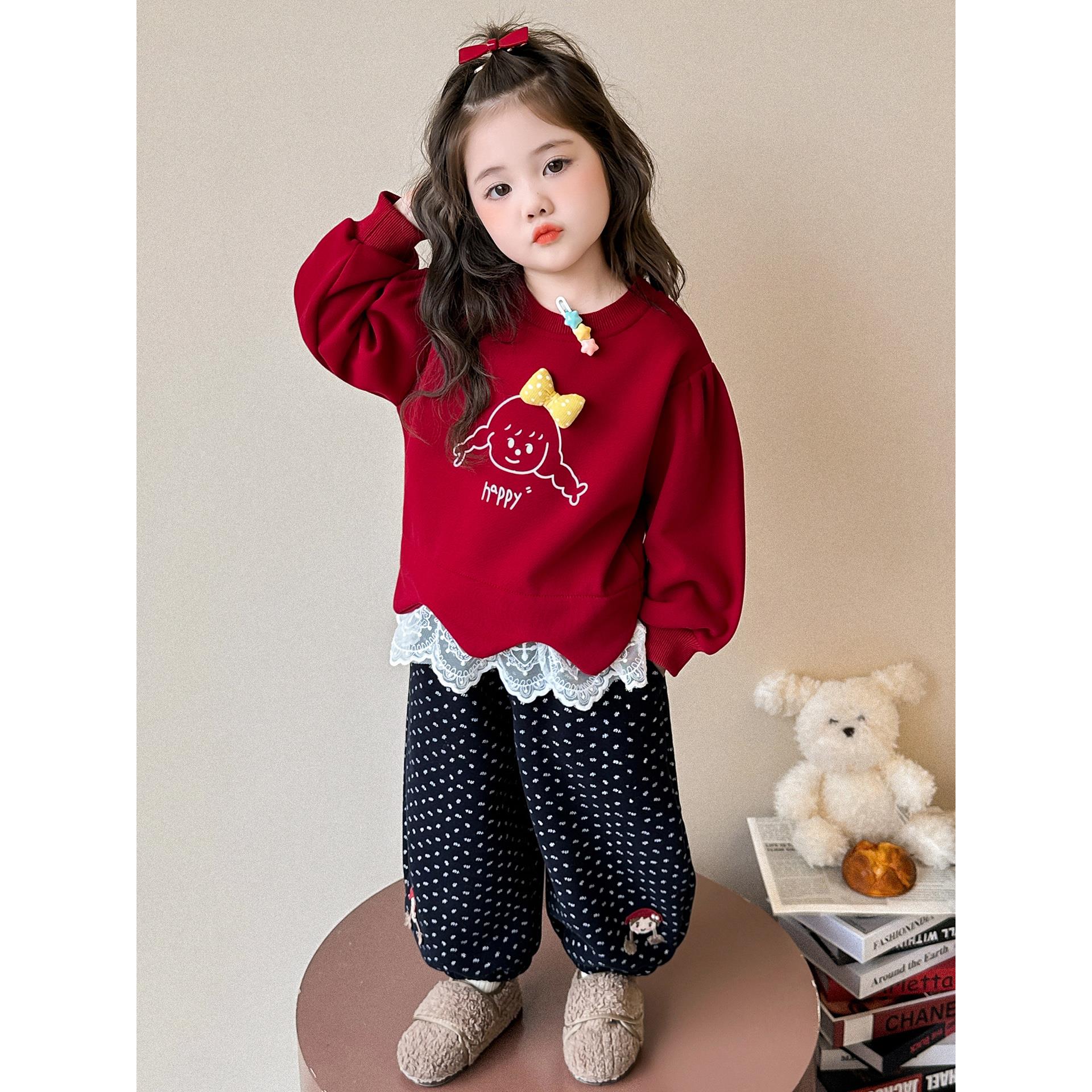 宝宝加绒加厚套装女童花边加绒卫衣套装秋冬季2025新款一起穿搭儿