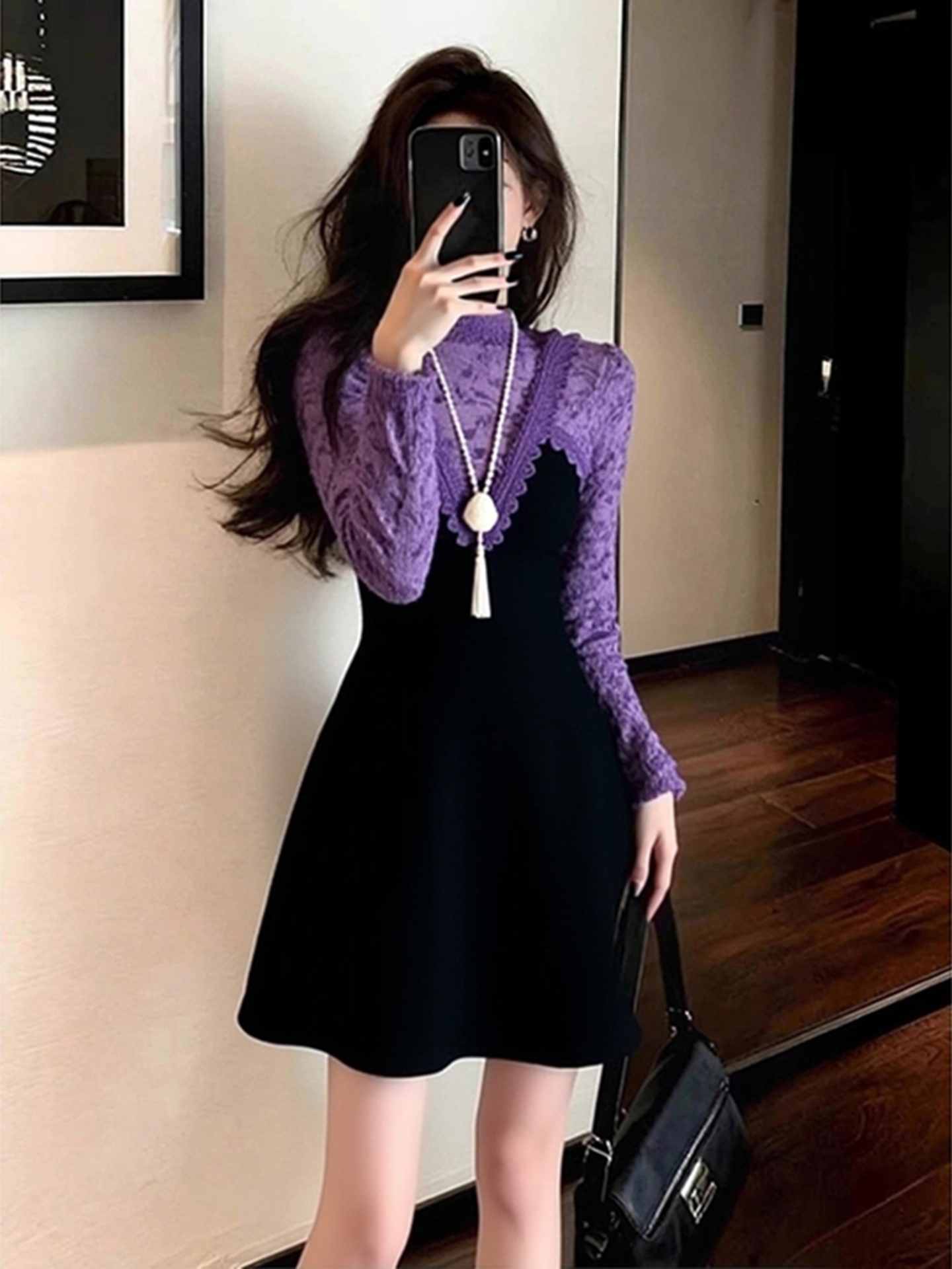 2025秋冬新款针织上衣拼接丝绒连衣裙百搭短裙