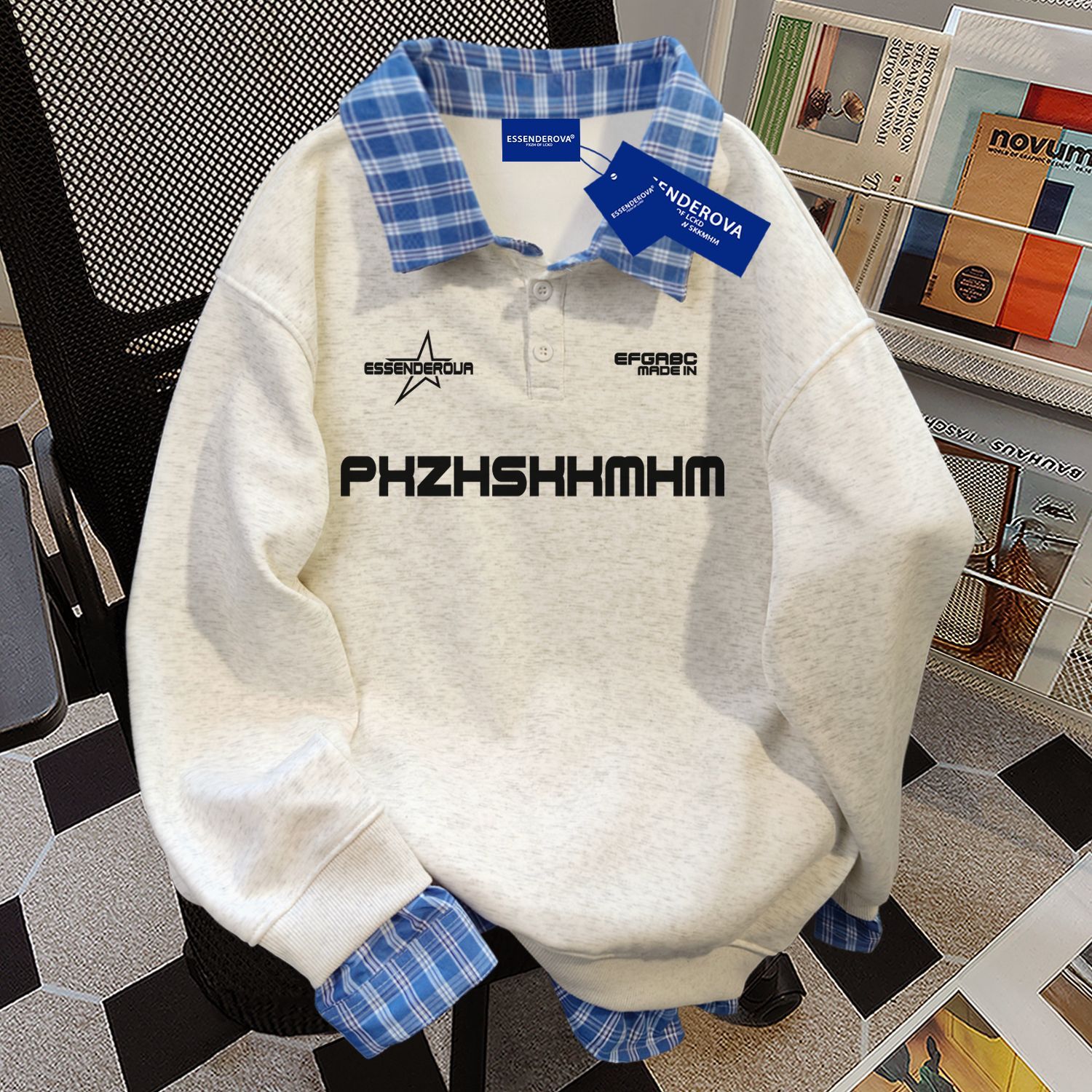 日系休闲假两件polo格子拼接卫衣女秋冬加绒宽松显瘦休闲情侣上衣