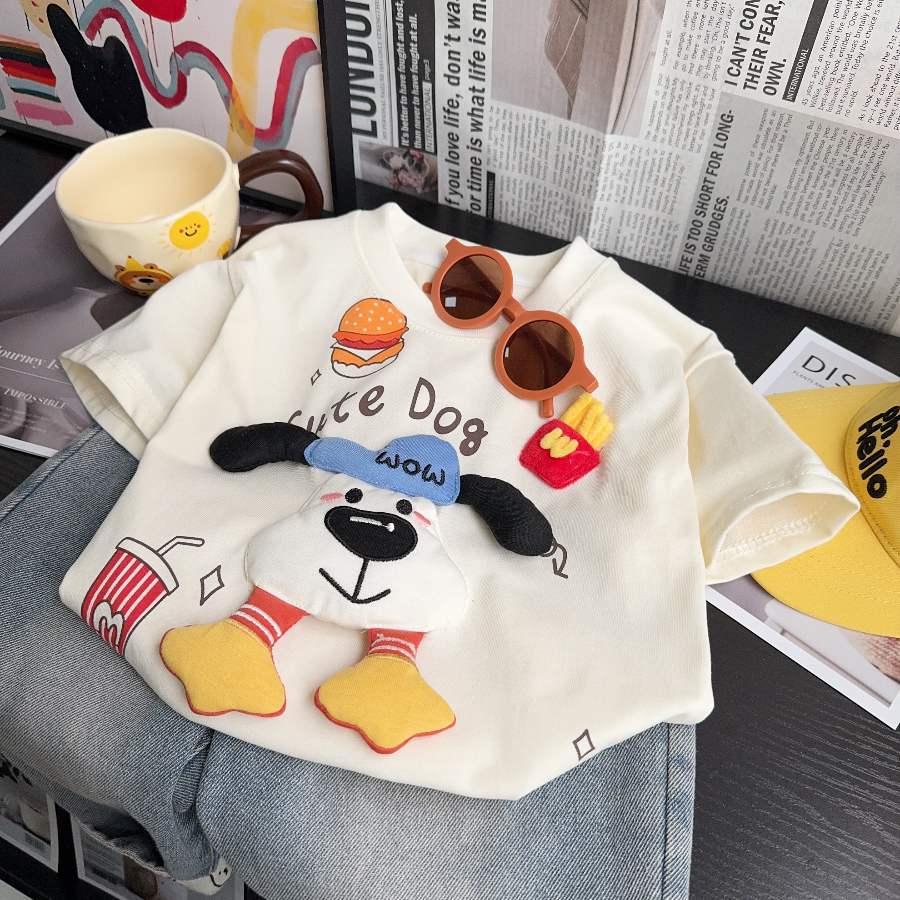 【立体玩偶狗狗】儿童短袖T恤夏装2025新款宽松韩版卡通上衣洋气