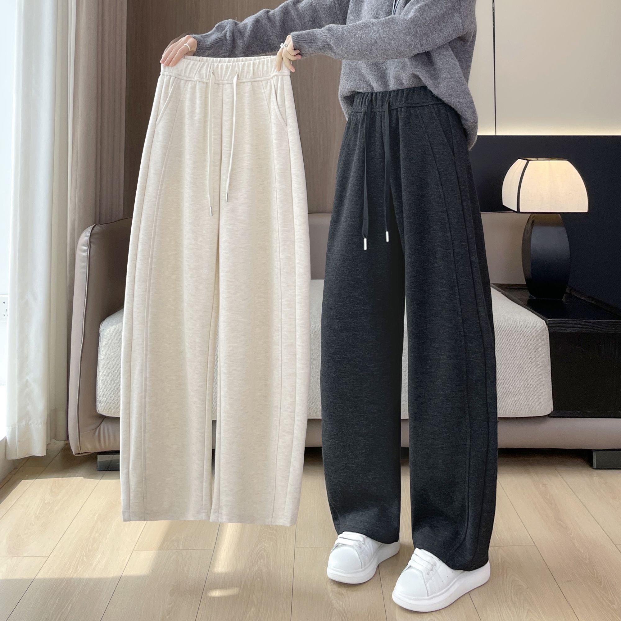 2025秋季糯米裤女高腰显瘦加绒阔腿香蕉裤百搭秋冬加厚弯刀休闲裤