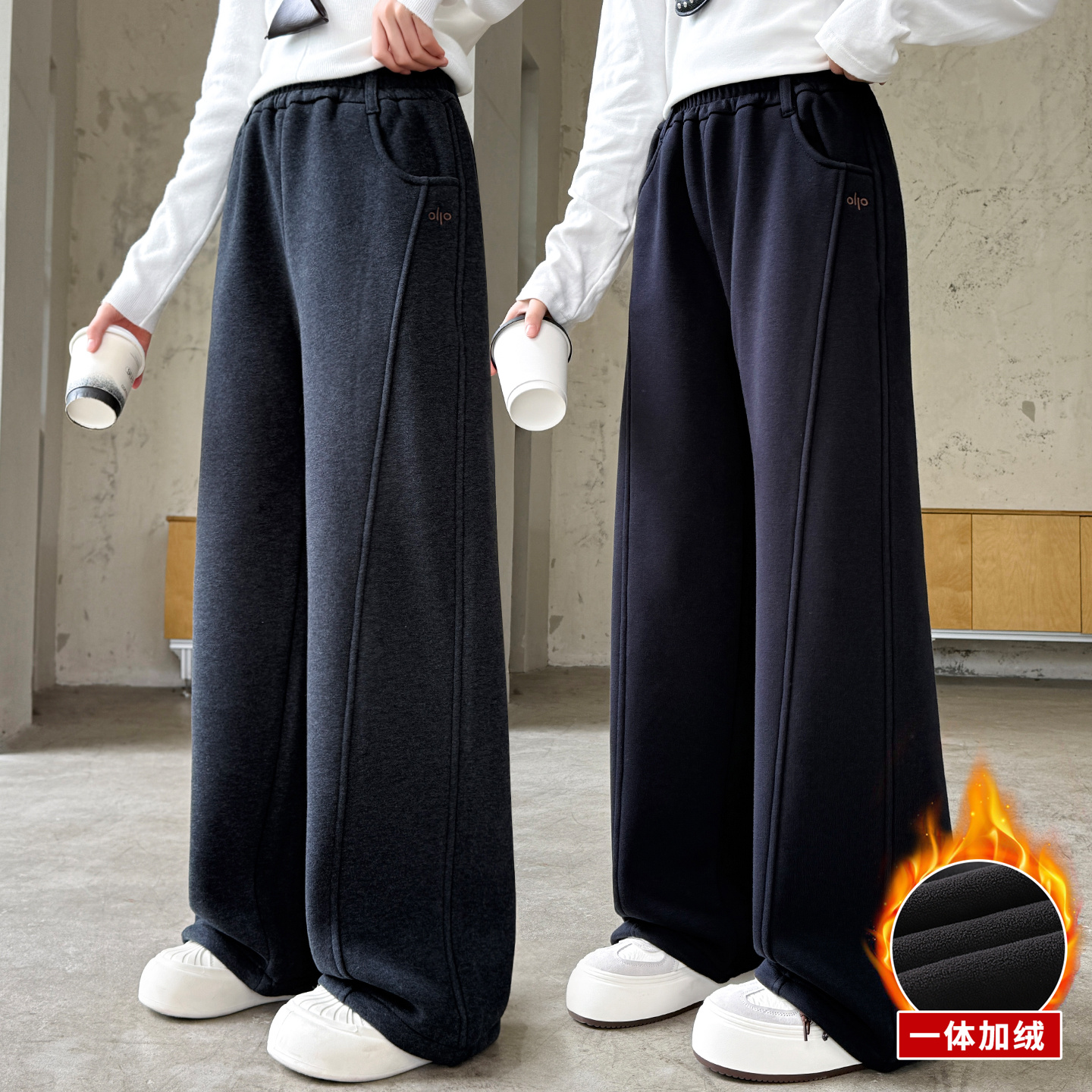 女童加绒裤子冬季2025新款女大童冬装加厚休闲卫裤儿童冬款阔腿裤