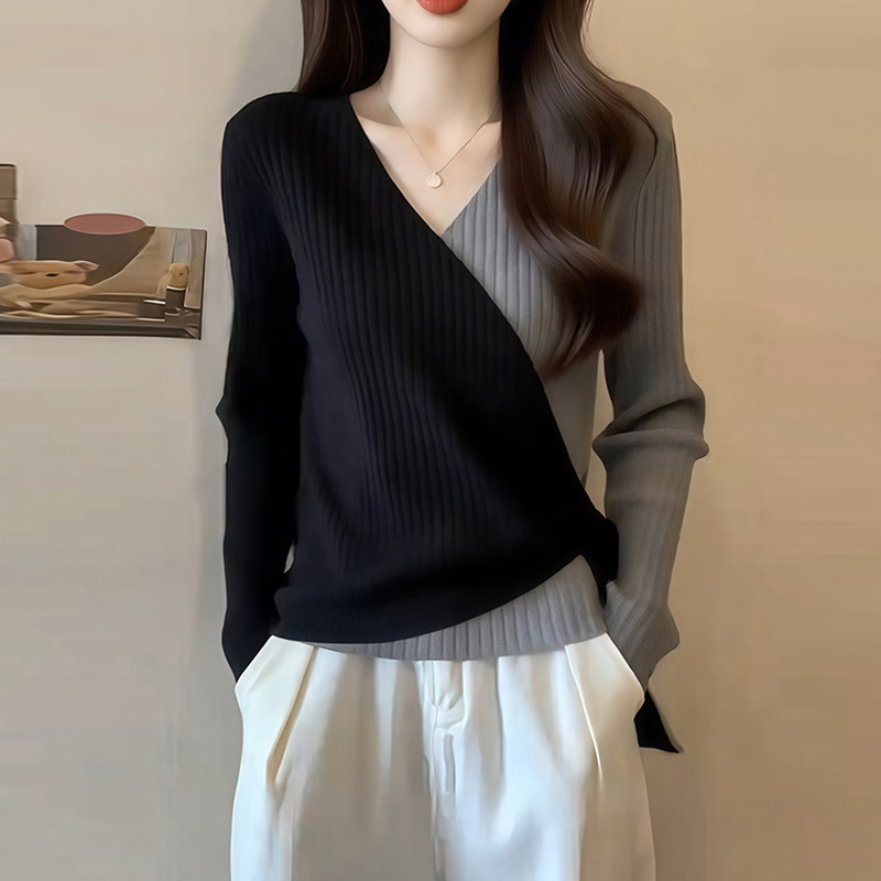 M867高级感撞色V领针织长袖T恤女装2026秋冬新款不规则收腰上衣