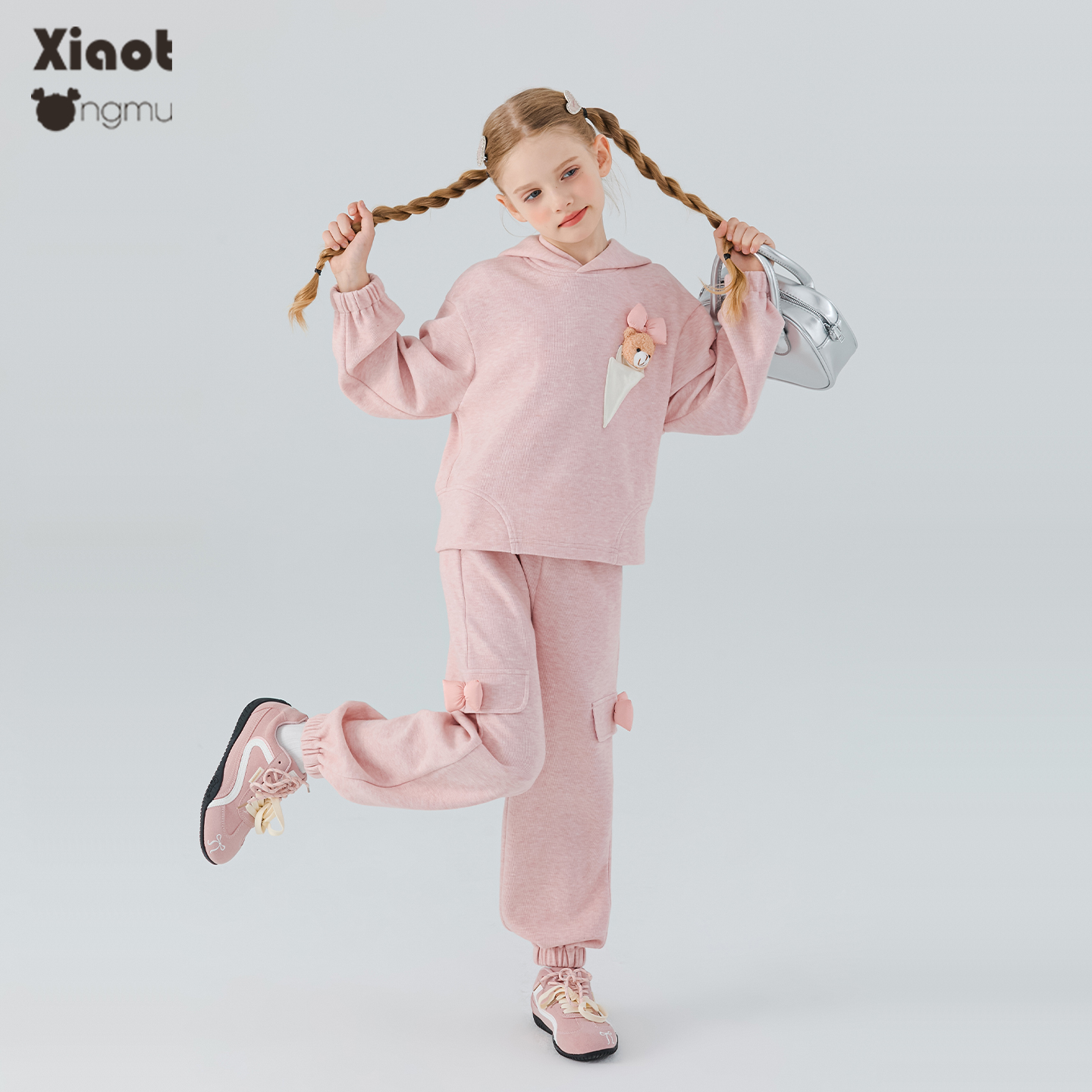 小童木 可爱蜜桃粉女童运动套装秋装2025新款连帽卫衣收脚卫裤套