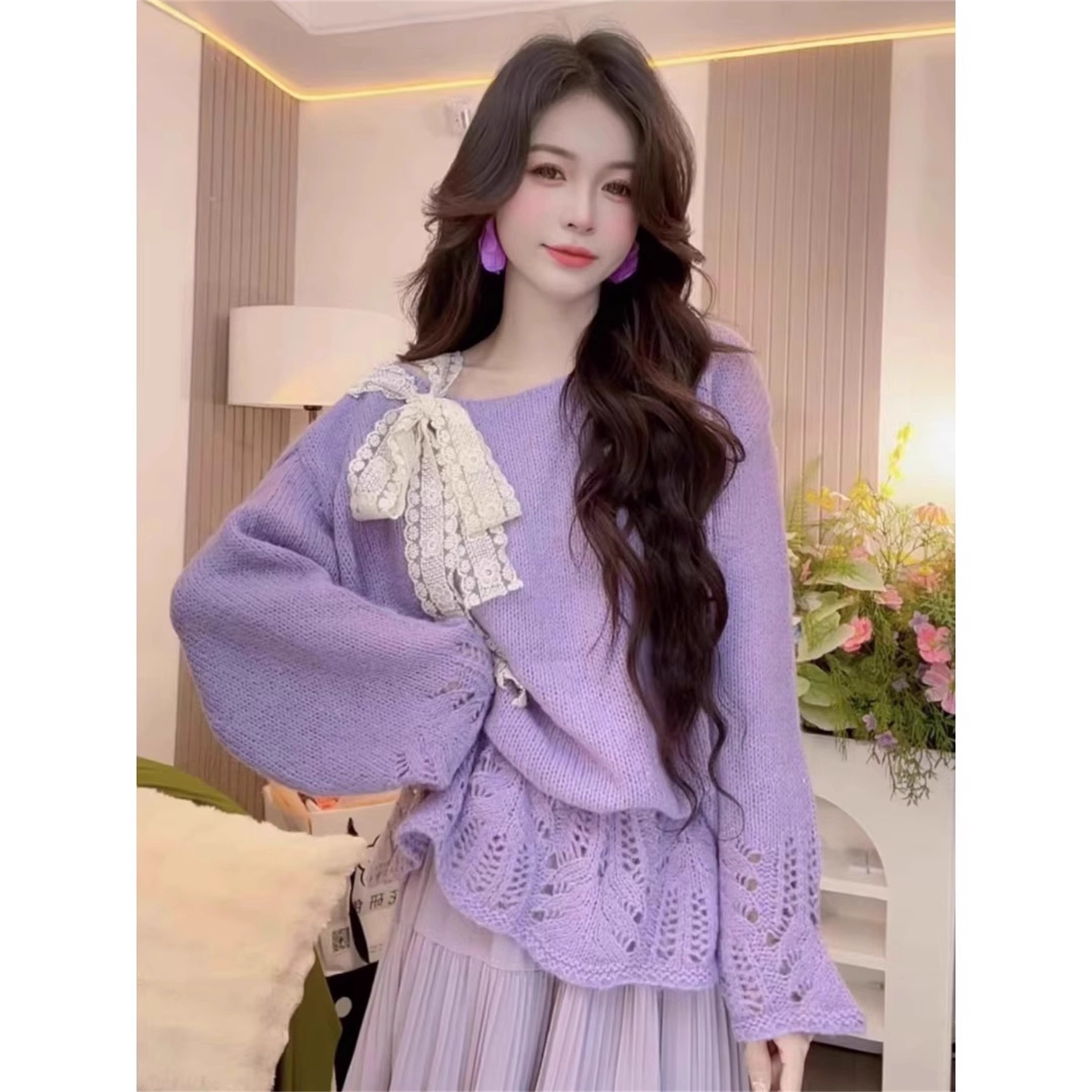 温柔风蕾丝系带蝴蝶结套头毛衣女秋季大码胖mm甜美斜肩针织衫上衣