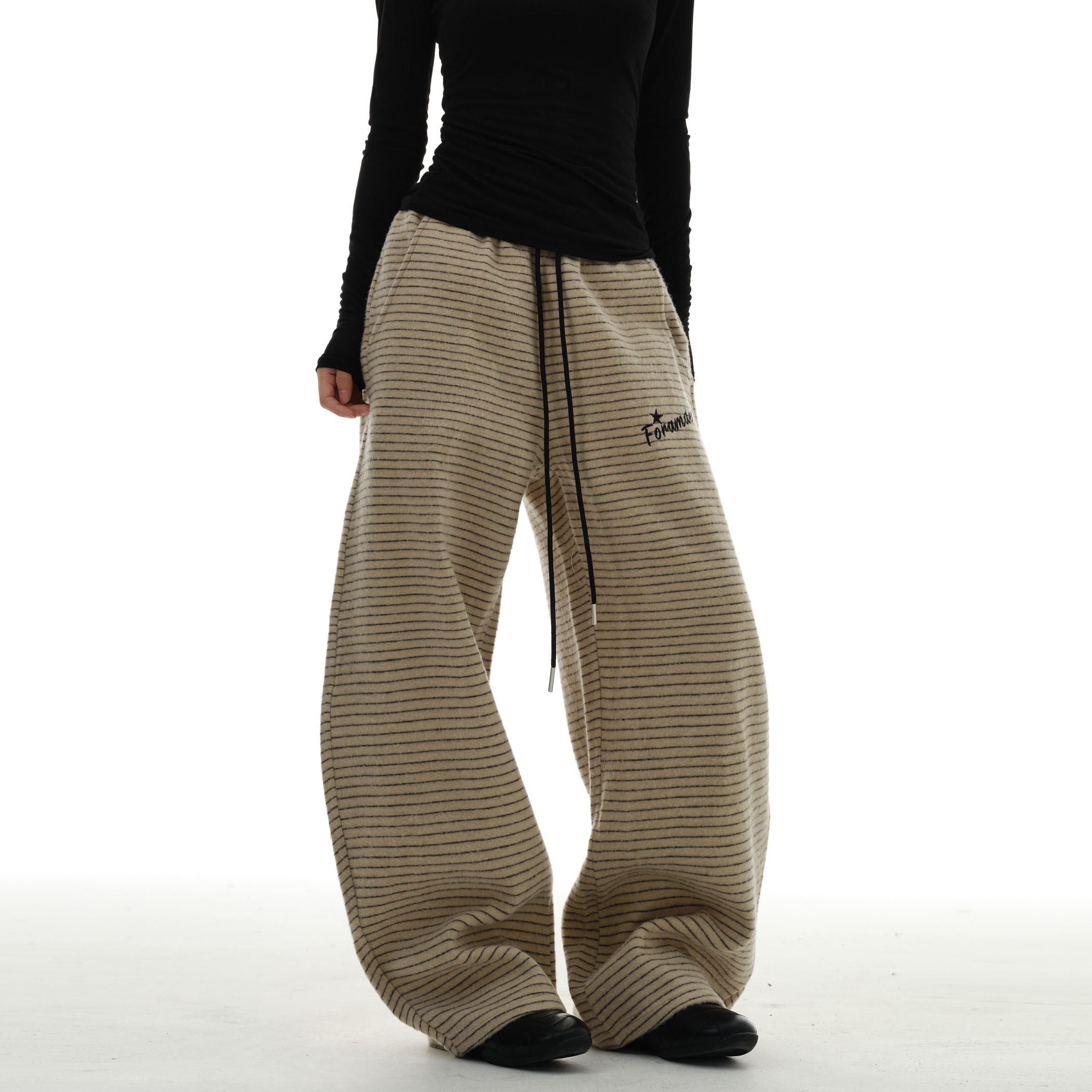 Y-C美式复古条纹运动休闲裤男女冬季加厚宽松阔腿弯刀慵懒卫裤