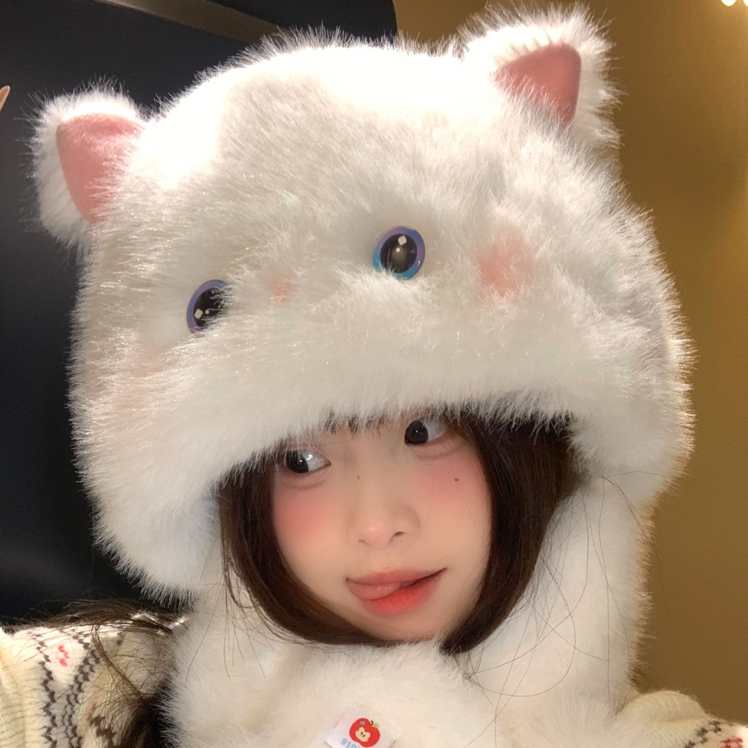 可爱腮红猫咪耳朵毛绒帽子围巾一体女冬季防寒加绒加厚保暖雷锋帽