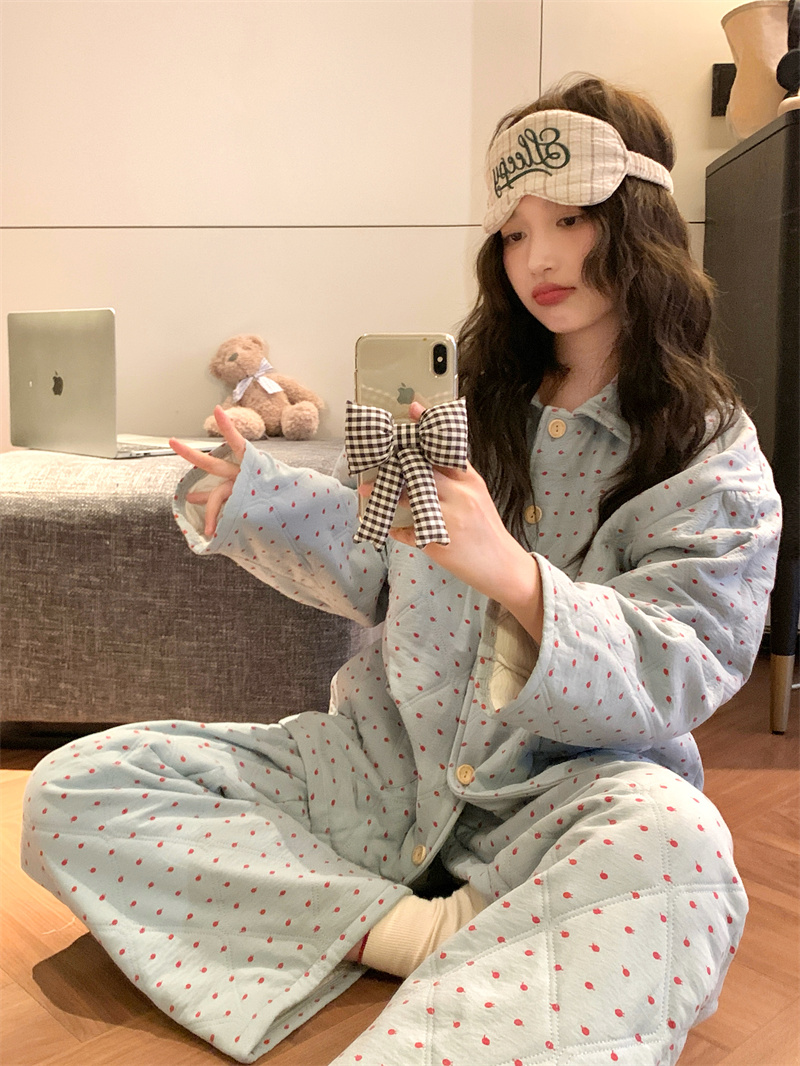 韩国ins甜美小波点夹棉睡衣女款秋冬季加厚空气棉保暖家居服宽松