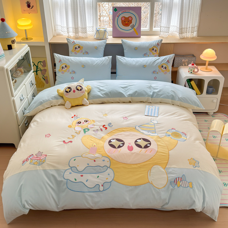 全棉男孩女孩四件套床上纯棉卡通刺绣被罩蛋仔被套单人床三件套
