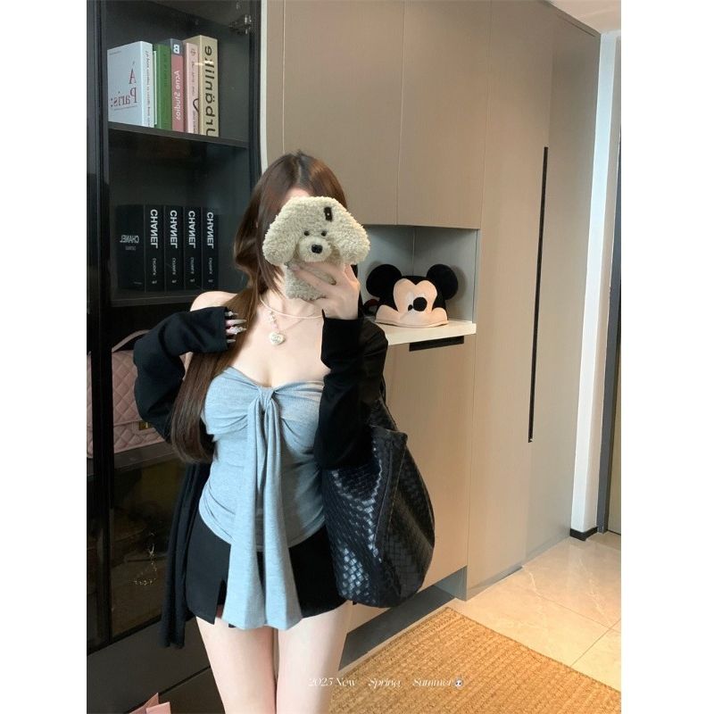 纯欲辣妹风套装女夏季新款蝴蝶结抹胸背心黑色长袖开衫上衣两件套