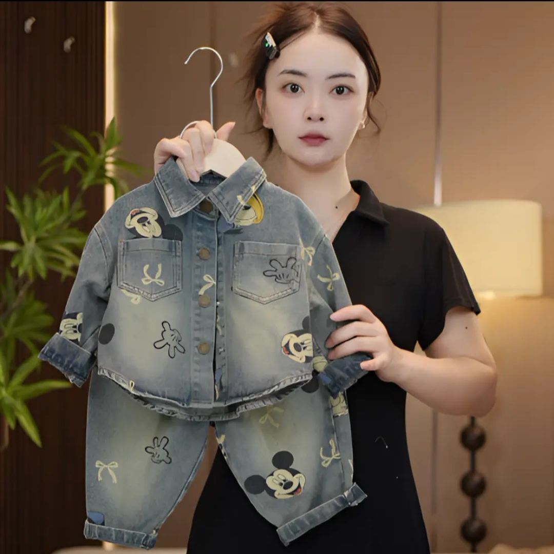 儿童套装秋季新款春秋男女童牛仔卡通满印米奇两件套爆款童装