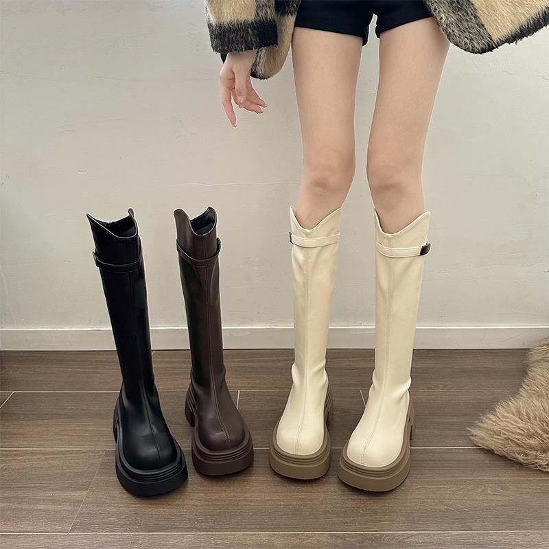 【澳门专柜正品】不过膝长筒靴子女款春秋复古黑色V口显瘦小个子厚