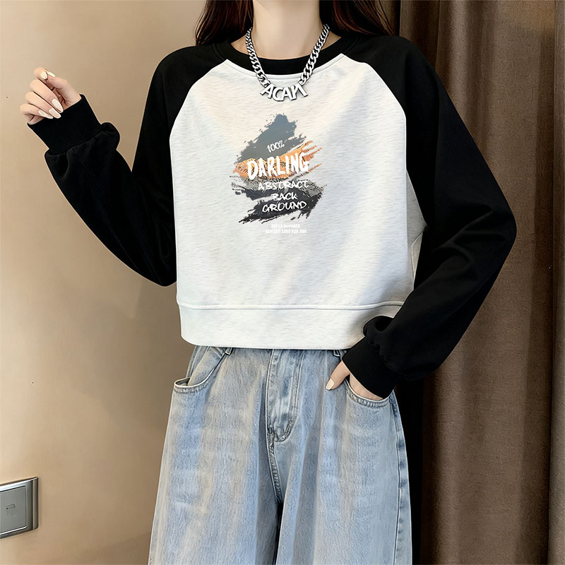 学院风小众插肩短款长袖上衣女生不撞款圆领宽松超好看卫衣秋冬季