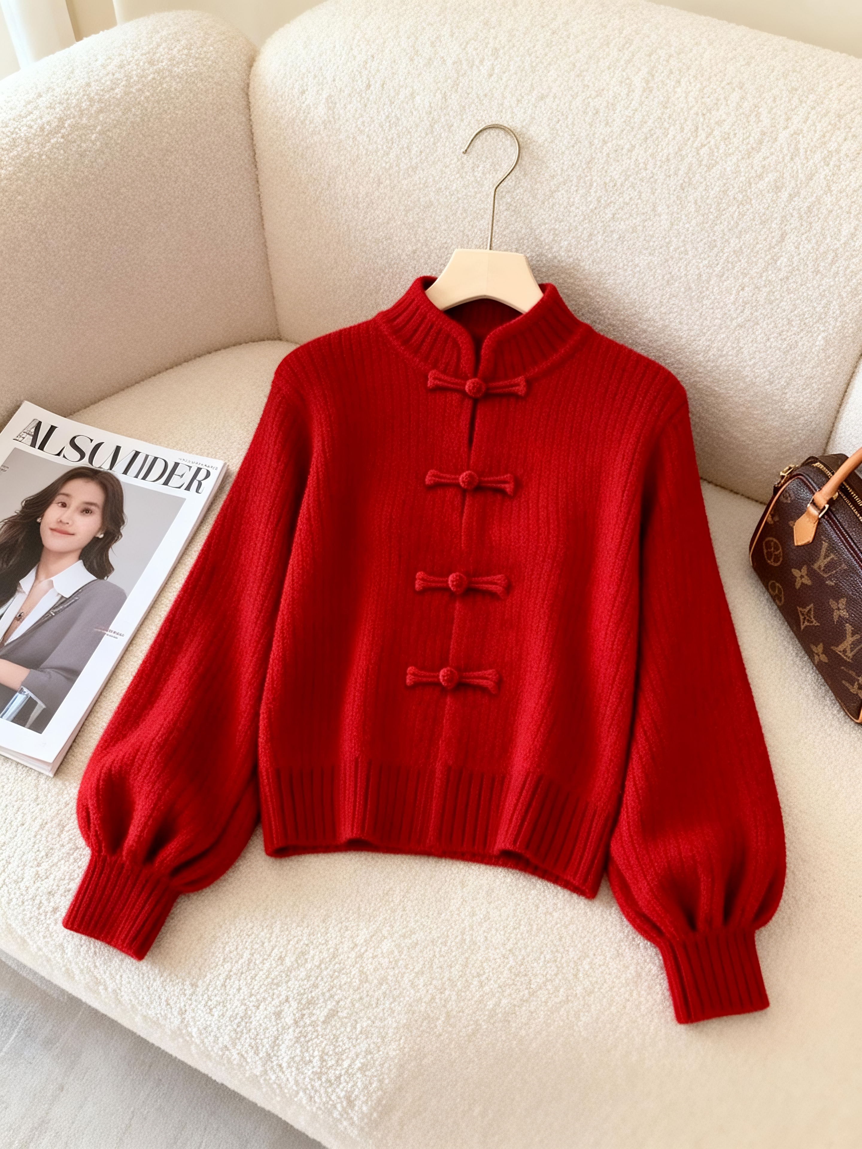 新中式国风红色立领盘扣毛衣2025秋冬超好看短款灯笼袖针织衫爆款