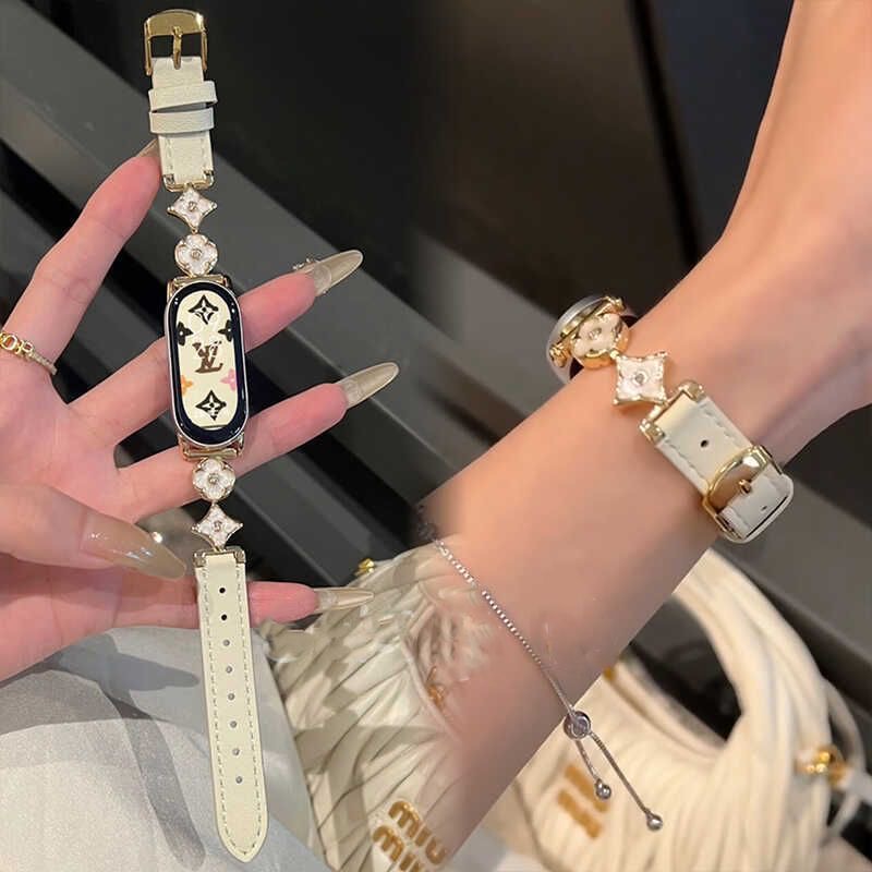 适用小米手环9/10nfc四叶草鎏金金属真轻奢皮质高级感腕带手表带