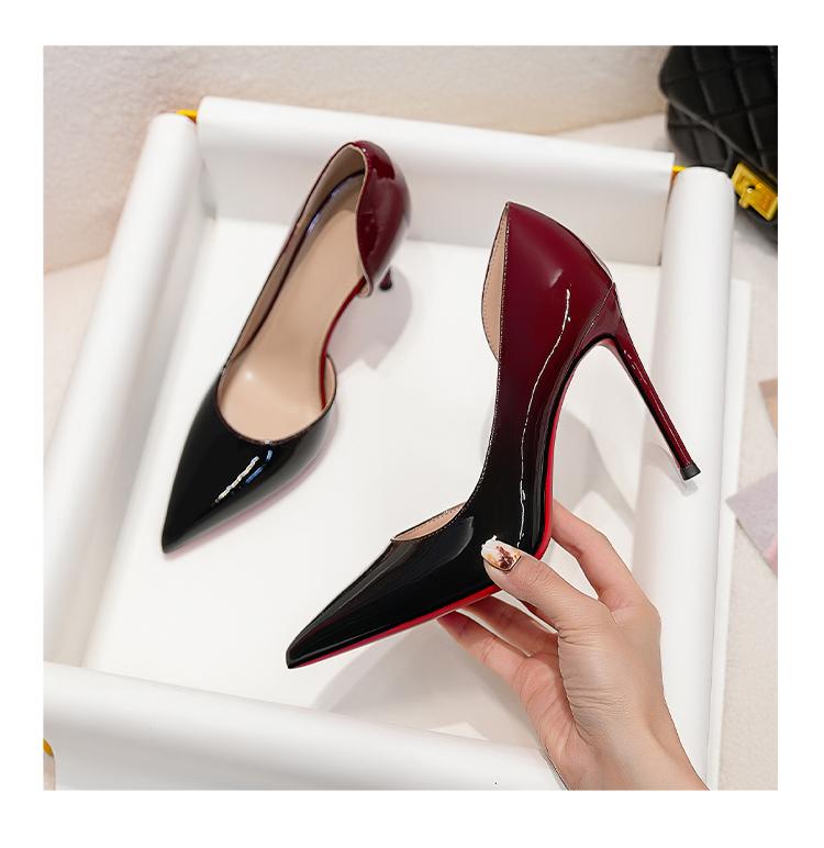 网红2025春秋季百搭职业渐变高跟鞋女细跟性感侧空尖头漆皮单鞋