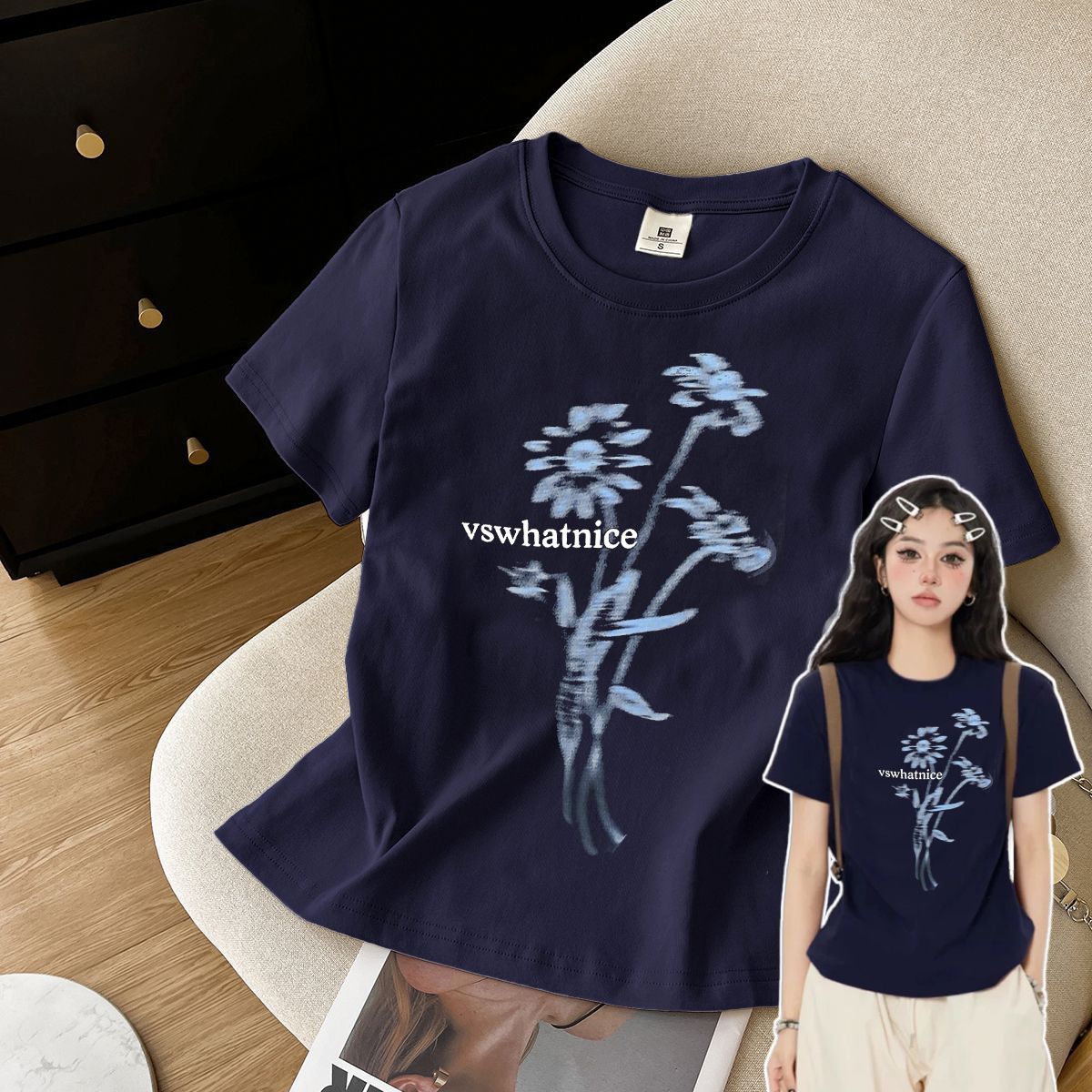 【ZHAP】新款正肩短袖遮肉显瘦t恤2025浪漫鲜花收腰百搭印花上衣