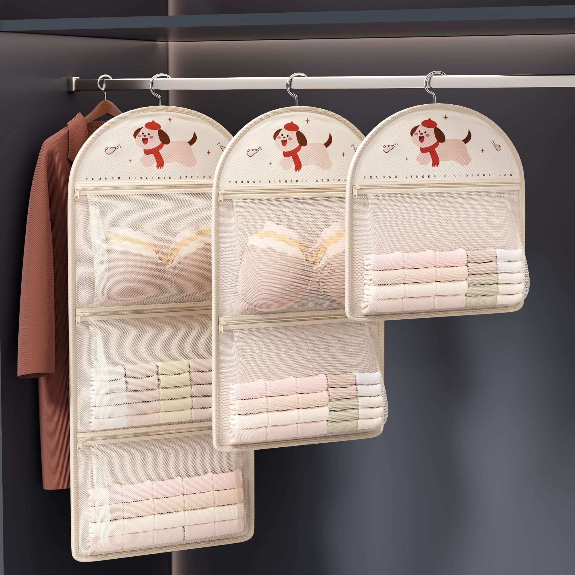 2025年新款宿舍收纳神器袜子带拉链网兜内衣内裤挂袋衣柜收纳袋
