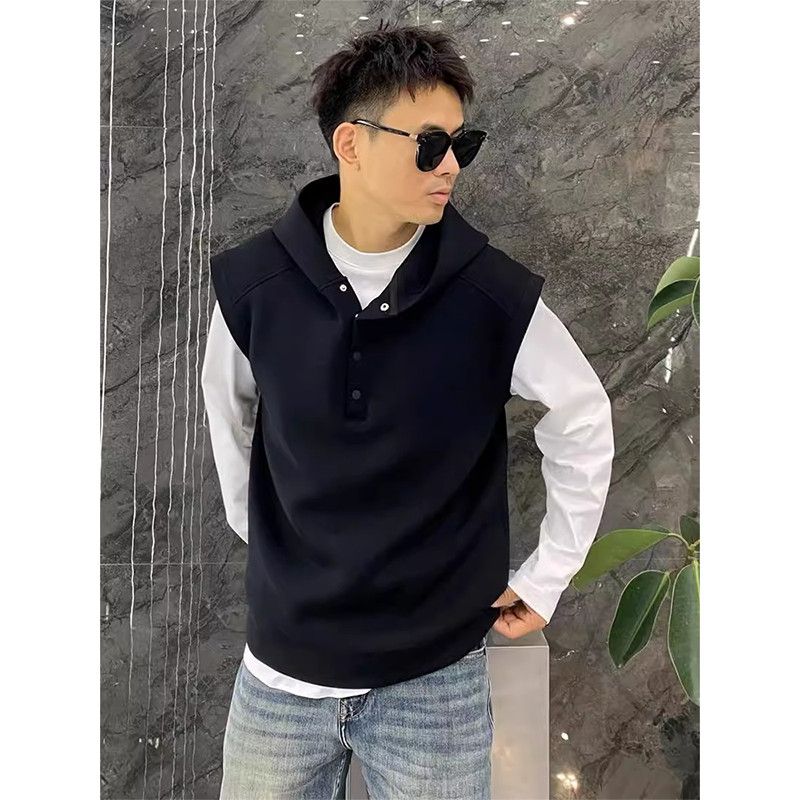 特大码300斤美式无袖连帽按扣马甲男士休闲坎肩上衣百搭宽松背心
