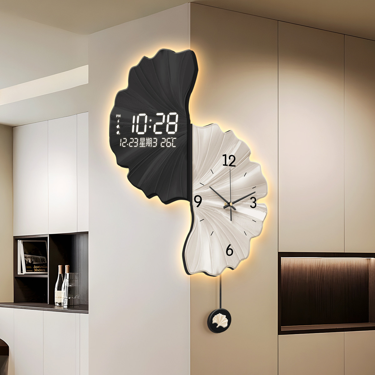 银杏叶双面转角挂钟客厅挂墙时钟2025新款创意高级感拐角包墙钟表