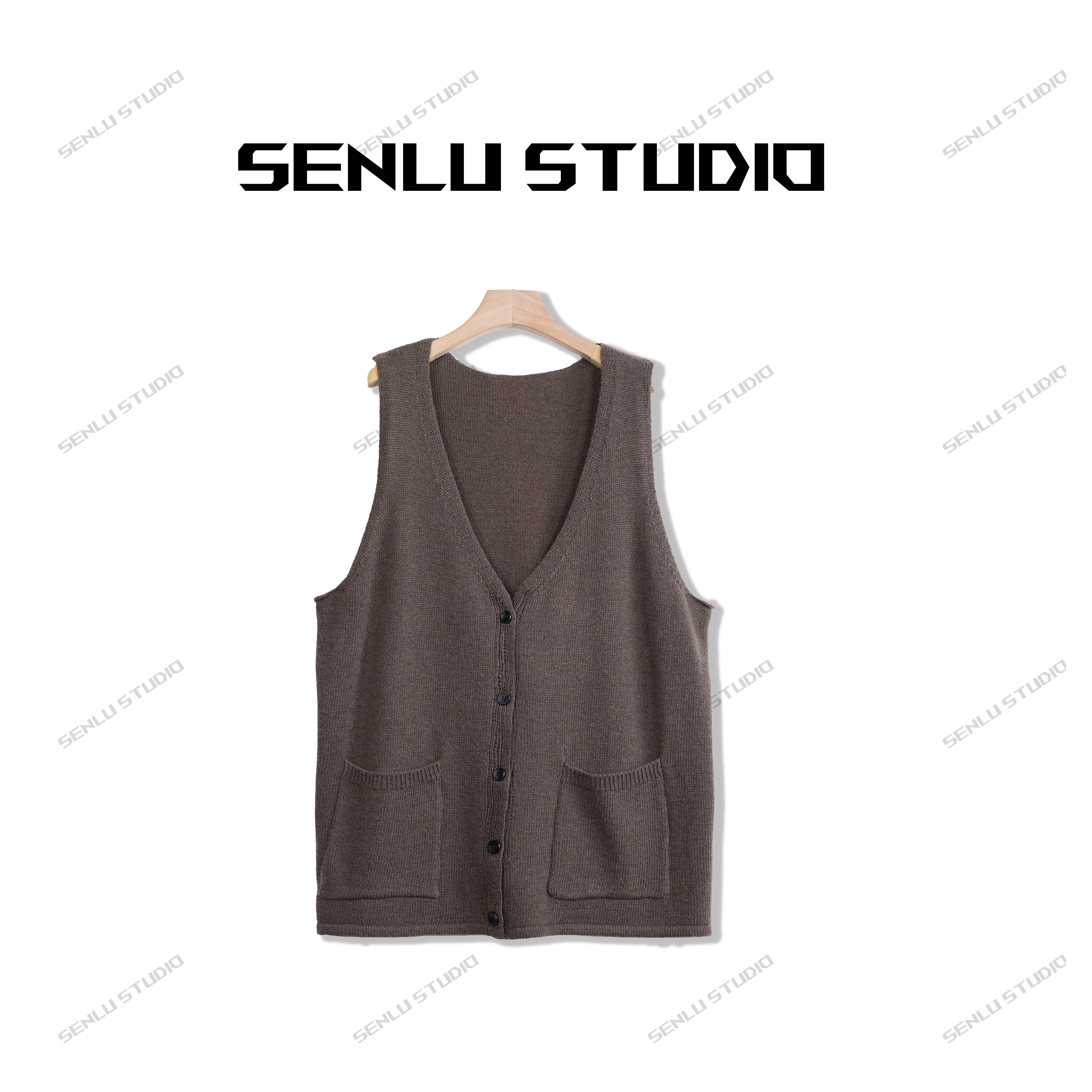 SENLU/森鹿秋冬新款百搭休闲纯色口袋背心气质针织羊毛衫秋季毛衣