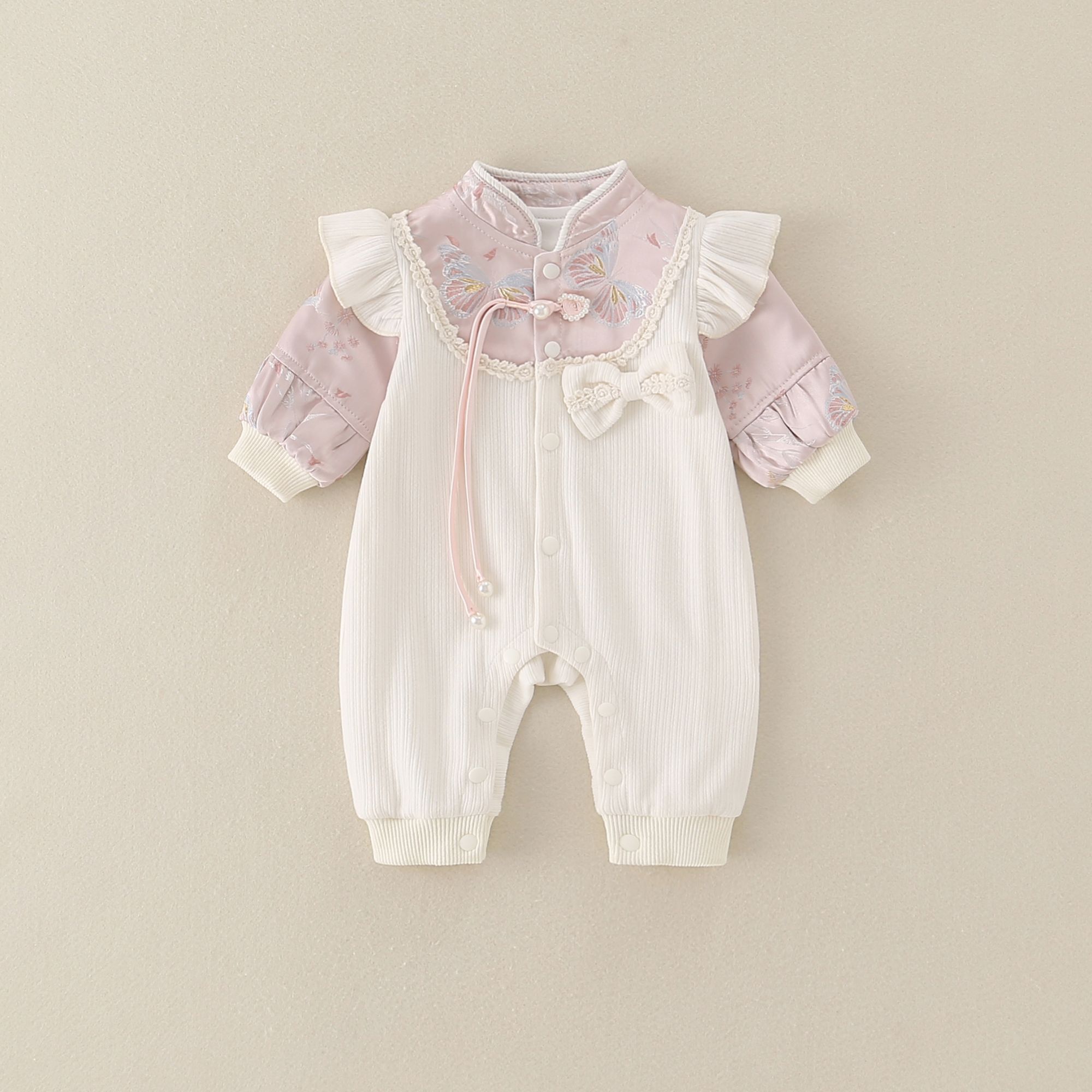 国风旗袍连体衣女宝宝秋装中式哈衣新生婴儿满月百天周岁公主礼服