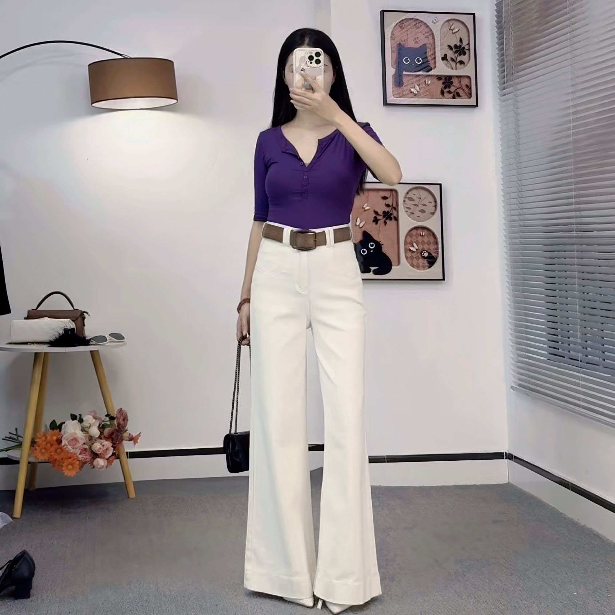 米白色不贴腿喇叭牛仔裤女款爆款2025新款高腰遮肉气质阔腿喇叭裤