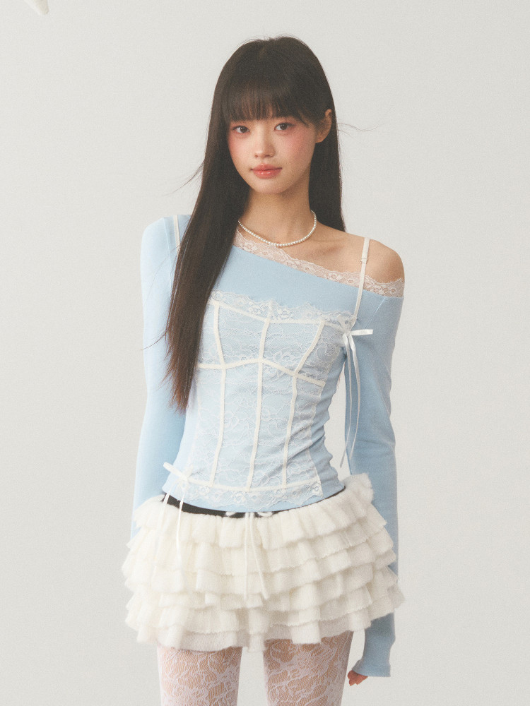 蓝色上衣女一字肩斜肩高级感露肩长袖修身假两件t恤