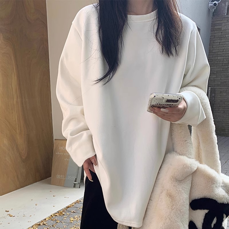 中长款长袖t恤女内搭叠穿纯棉白色春秋宽松上衣加绒冬季打底衫潮