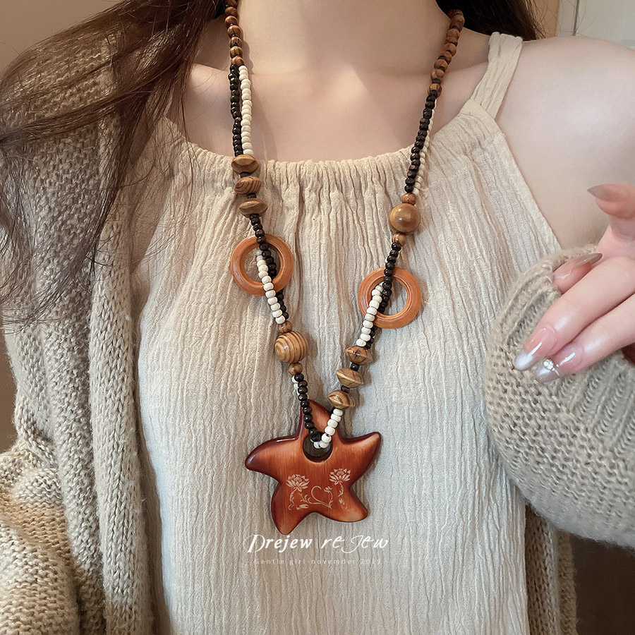 合金项链 复古民族风辣妹木质星星串珠长款项链y2k个性百搭毛衣链