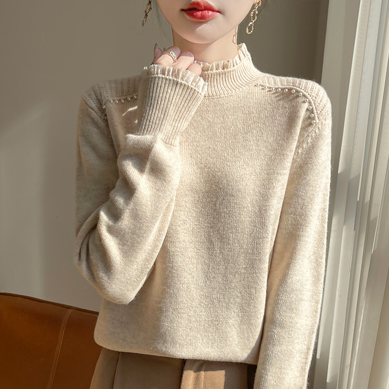 秋冬半高领100纯羊毛衫女木耳边设计针织打底衫加厚宽松洋气毛衣