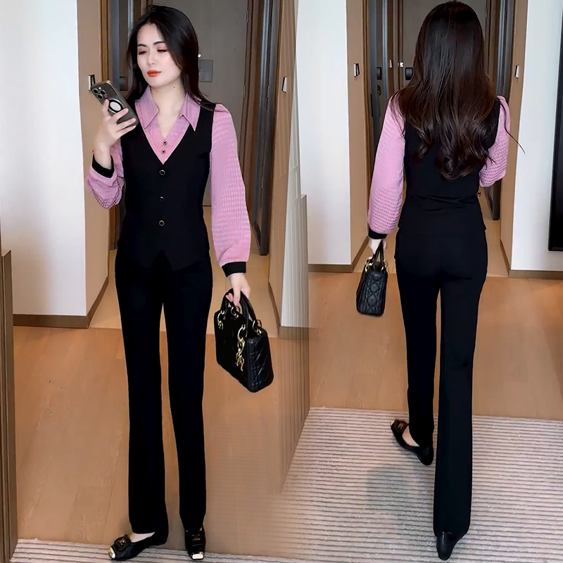 时尚套装女2025秋季新款气质显瘦假两件长袖拼接衬衣微喇裤两件套