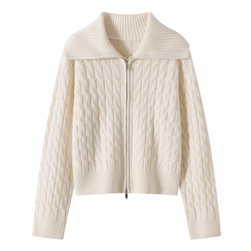 慵懒风~100%纯羊毛加厚扭花翻领双拉链开衫外套宽松针织衫毛衣775