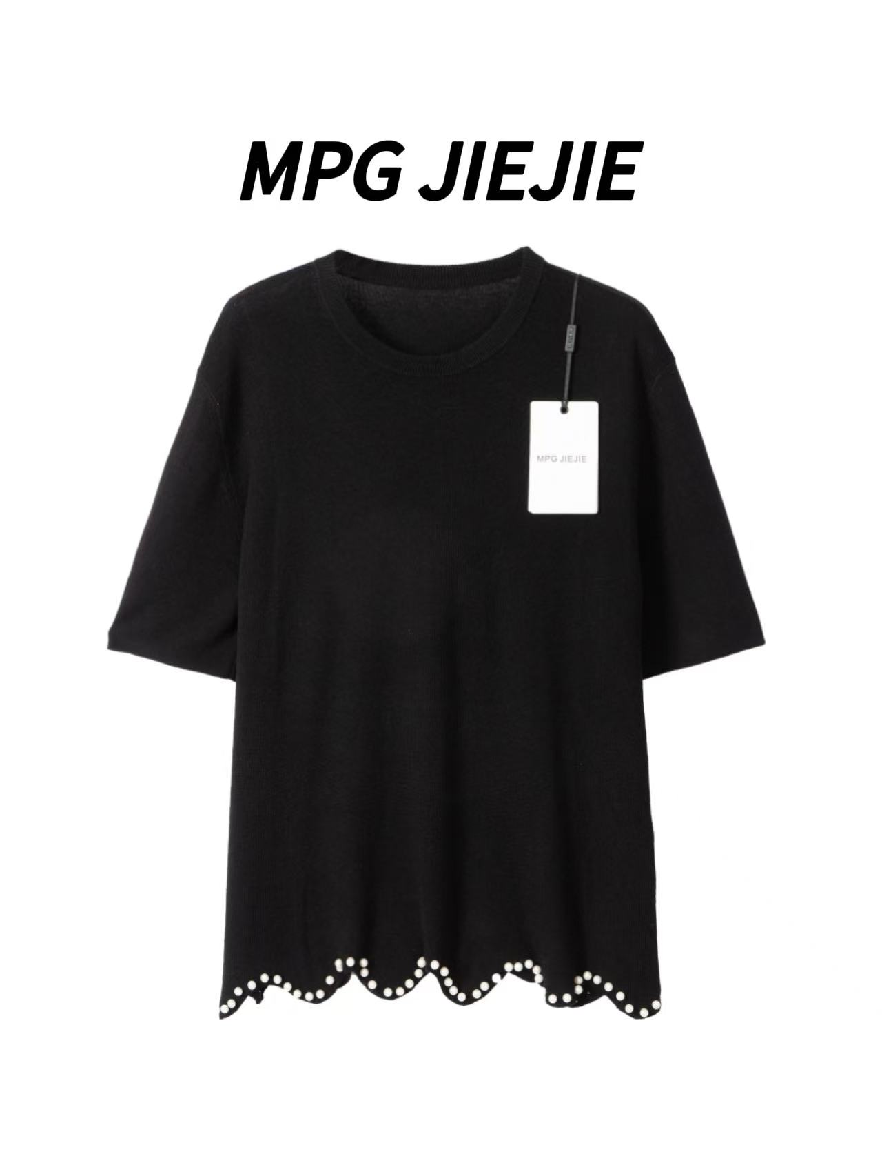MPG JIEJIE【优雅结构】早秋大码钉珠针织短袖上衣