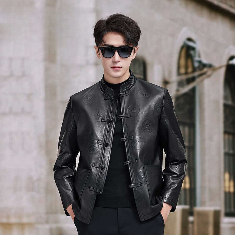 海宁男士真皮皮衣立领中国风头层牛皮爸爸唐装皮夹克中式复古外套