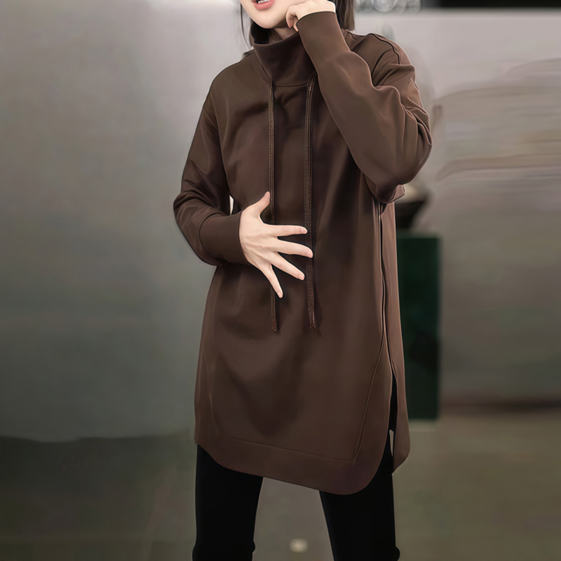 7061高级感咖色高领开叉卫衣女秋季新款宽松通勤风百搭长袖上衣