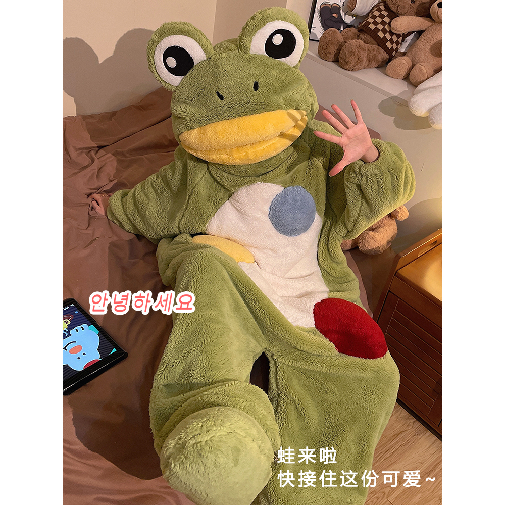 可爱小青蛙连体搞怪睡衣女珊瑚绒加厚加绒睡袍女款保暖睡袋家居服