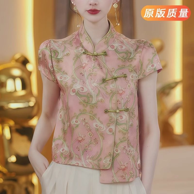 6734新中式女装上衣夏季短袖国风盘扣小衫改良旗袍短款粉色衬衫