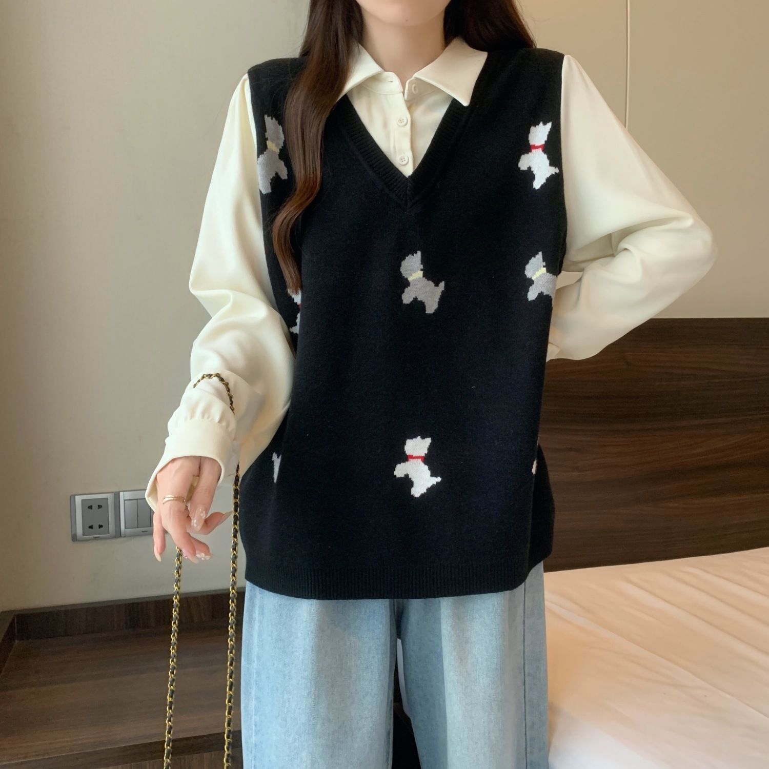 大码秋冬新款时尚百搭洋气宽松遮肉显瘦拼接针织马甲假两件上衣女