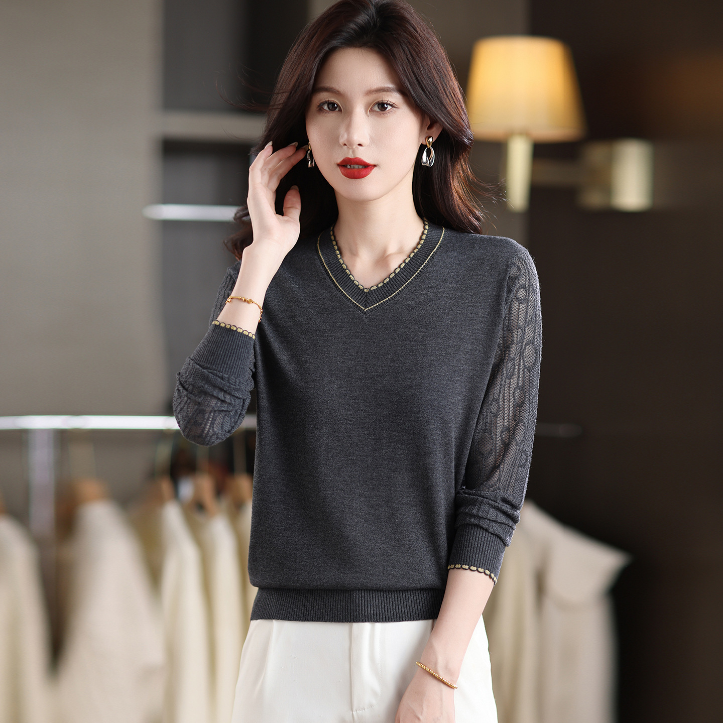 春秋新款V领长袖针织女士大码宽松镂空薄款针织衫洋气显瘦上衣