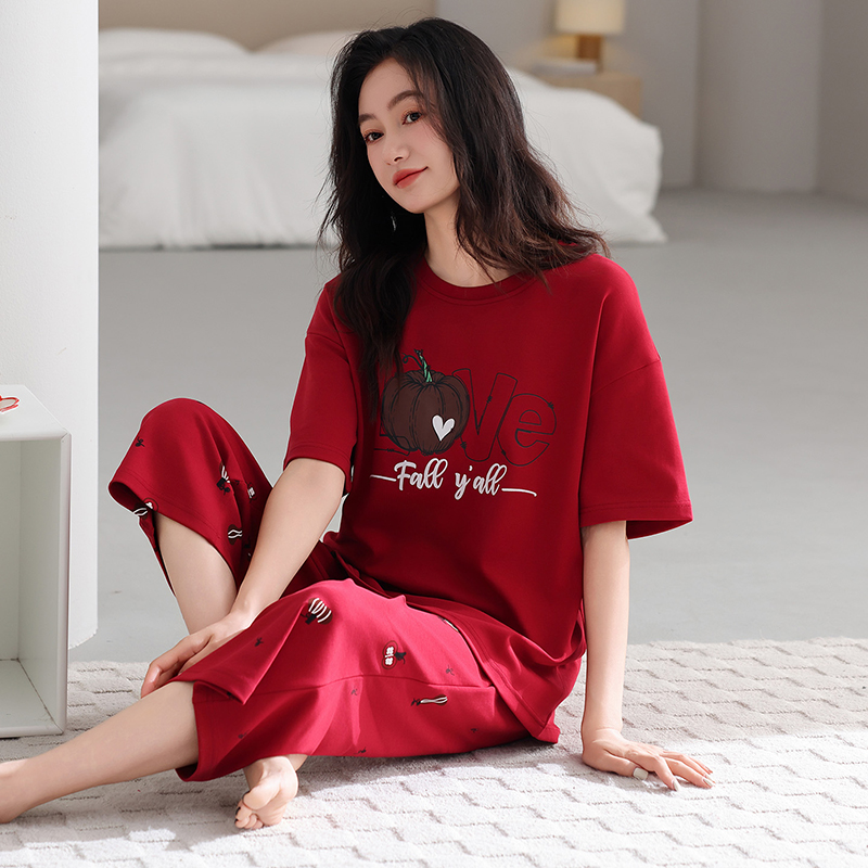 女士睡衣红色夏季纯棉短袖七分裤薄款大码套装本命年家居服